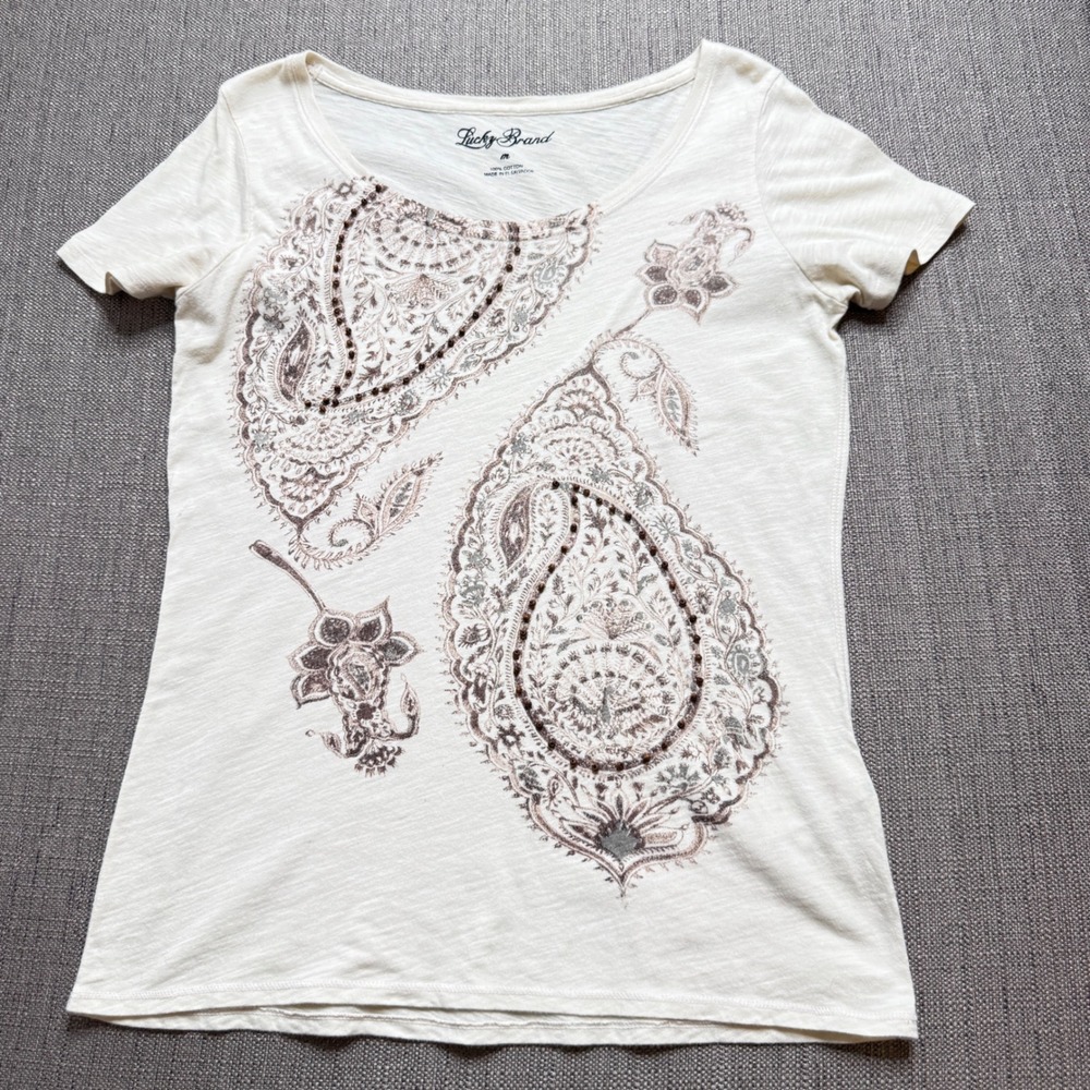 Lucky Brand Womens Cream Paisley Beaded Slub Cotton Scoop Neck T-Shirt Medium